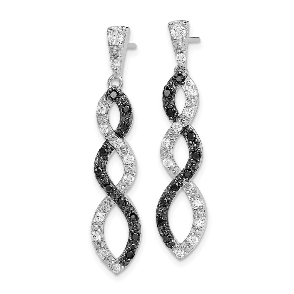 QE7337 Sterling Silver Rhod-plated Black & White CZ Twist Post Dangle Earrings