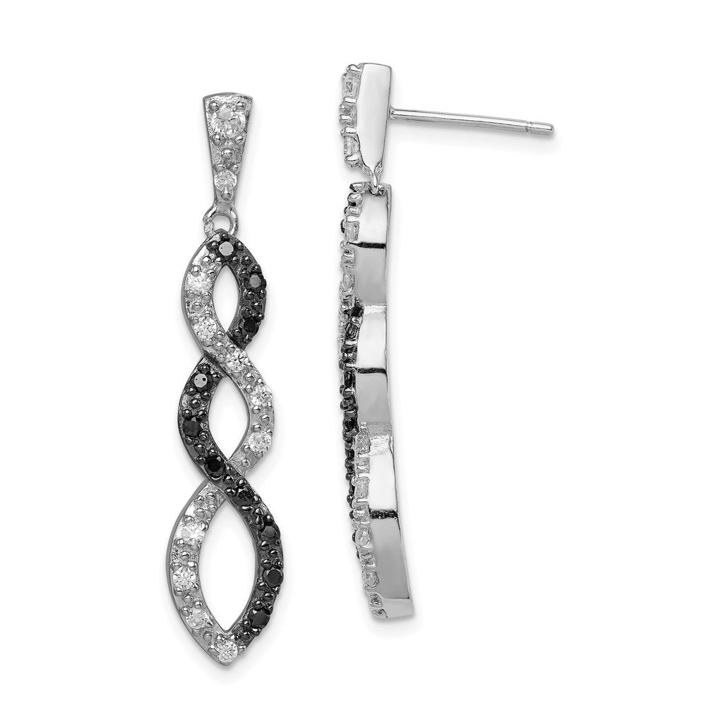 QE7337 Sterling Silver Rhod-plated Black & White CZ Twist Post Dangle Earrings