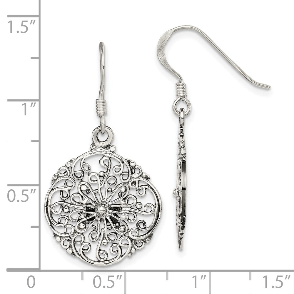 QE7375 Sterling Silver Polished & Antiqued Filigree Circle Dangle Earrings