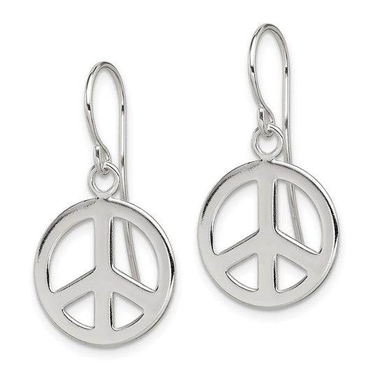 QE7381 Sterling Silver Polished Peace Sign Dangle Earrings
