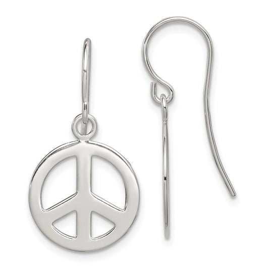 QE7381 Sterling Silver Polished Peace Sign Dangle Earrings