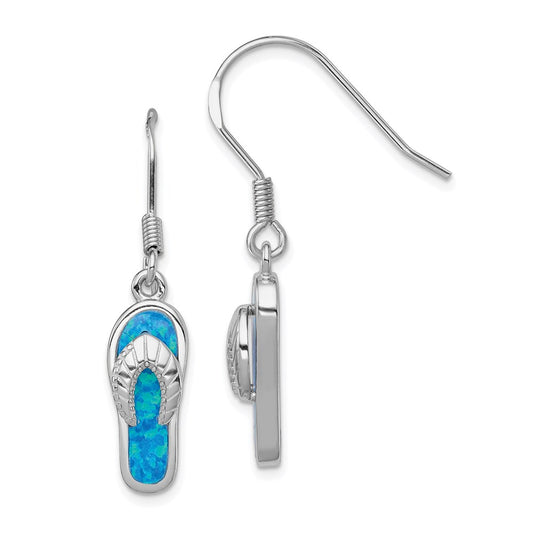 QE7433 Sterling Silver Rhodium-plated Created Blue Inlay Opal Sandal Dangle Earrings