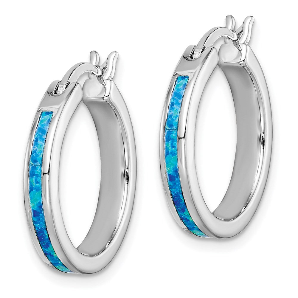 QE7434 Sterling Silver Rhod-plated Created Blue Opal Inlay Round Hoop Earrings