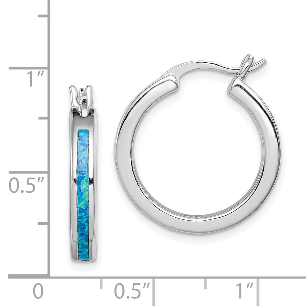 QE7434 Sterling Silver Rhod-plated Created Blue Opal Inlay Round Hoop Earrings