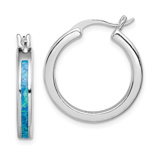 QE7434 Sterling Silver Rhod-plated Created Blue Opal Inlay Round Hoop Earrings