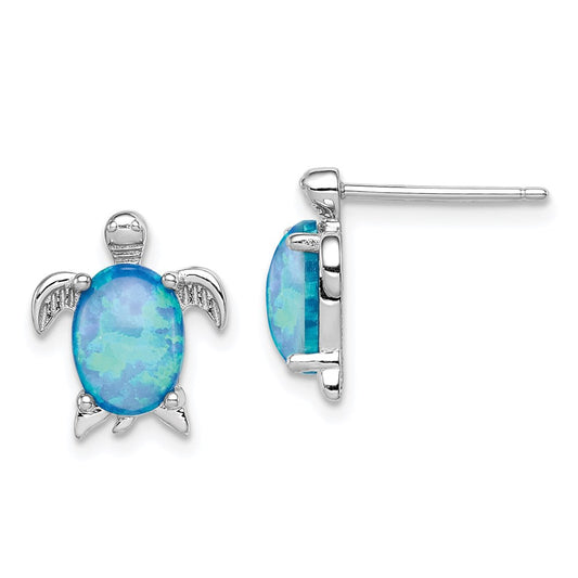 QE7435 Sterling Silver Rhodium-plated Created Opal Polished Turtle Post Earrings