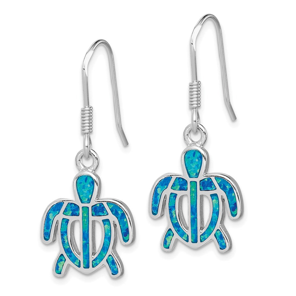QE7436 Sterling Silver Rhodium-plated Created Blue Opal Inlay Tortoise Dangle Earrings