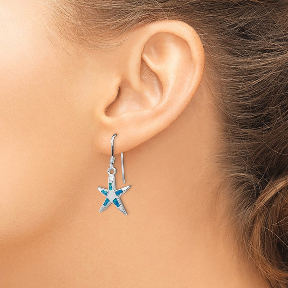 QE7438 Sterling Silver Rhodium-plated Polished Created Blue Opal Inlay Starfish Dangle Earrings