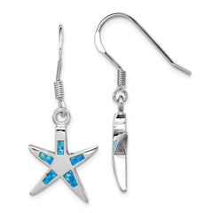 QE7438 Sterling Silver Rhodium-plated Polished Created Blue Opal Inlay Starfish Dangle Earrings