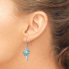 QE7441 Sterling Silver Rhodium-plated Created Blue Opal Inlay Palm Tree Dangle Earrings