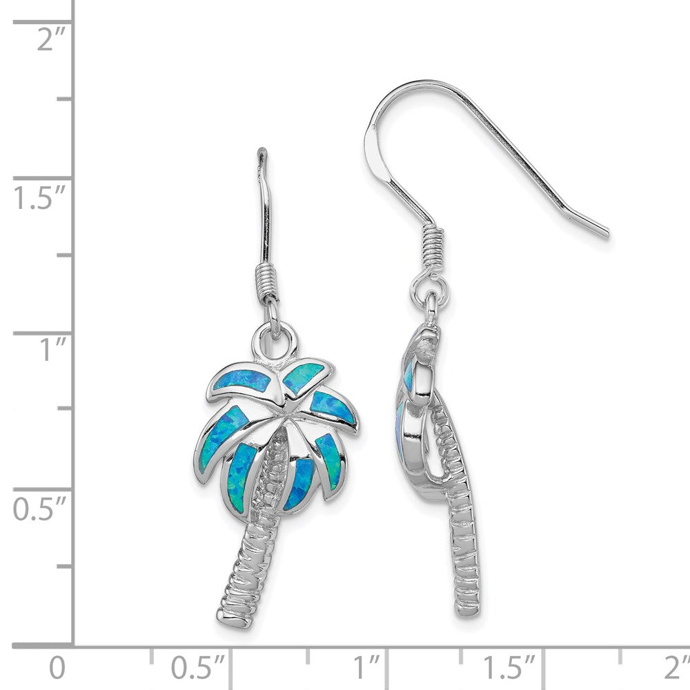 QE7441 Sterling Silver Rhodium-plated Created Blue Opal Inlay Palm Tree Dangle Earrings