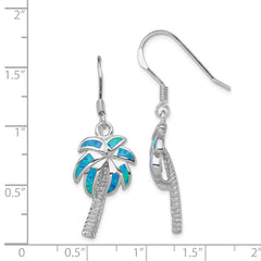 QE7441 Sterling Silver Rhodium-plated Created Blue Opal Inlay Palm Tree Dangle Earrings