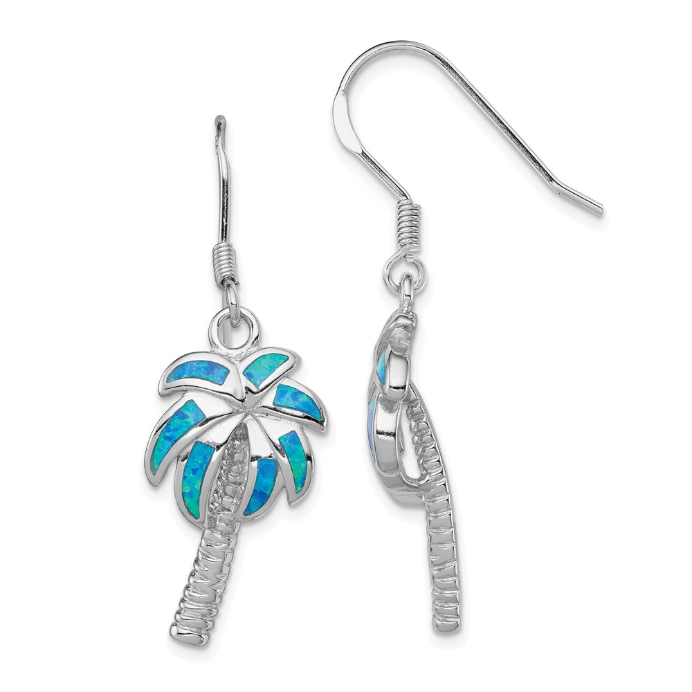 QE7441 Sterling Silver Rhodium-plated Created Blue Opal Inlay Palm Tree Dangle Earrings