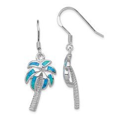 QE7441 Sterling Silver Rhodium-plated Created Blue Opal Inlay Palm Tree Dangle Earrings