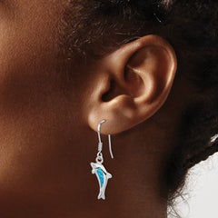 QE7442 Sterling Silver Rhodium-plated Polished Created Blue Opal Inlay Dolphin Dangle Earrings