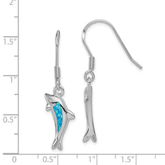 QE7442 Sterling Silver Rhodium-plated Polished Created Blue Opal Inlay Dolphin Dangle Earrings