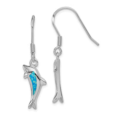 QE7442 Sterling Silver Rhodium-plated Polished Created Blue Opal Inlay Dolphin Dangle Earrings