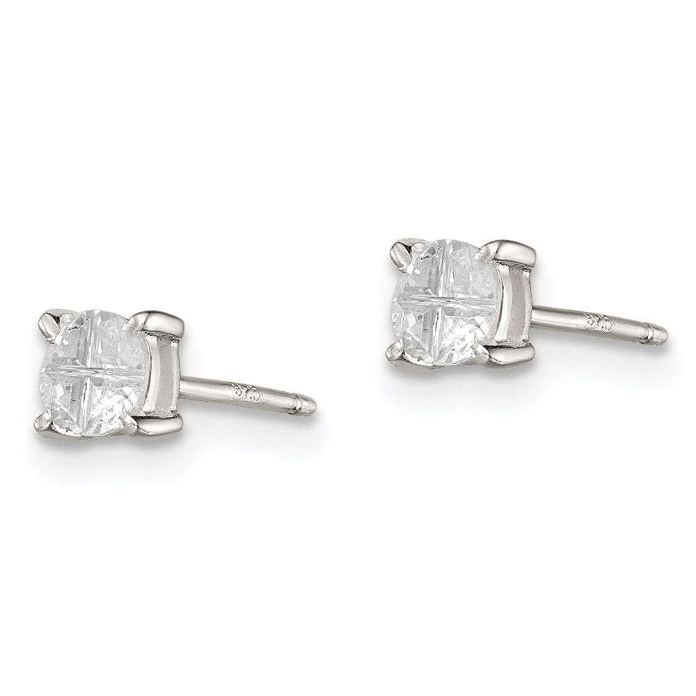 QE7480 Sterling Silver 4mm Round Basket Set Cross-cut CZ Stud Earrings