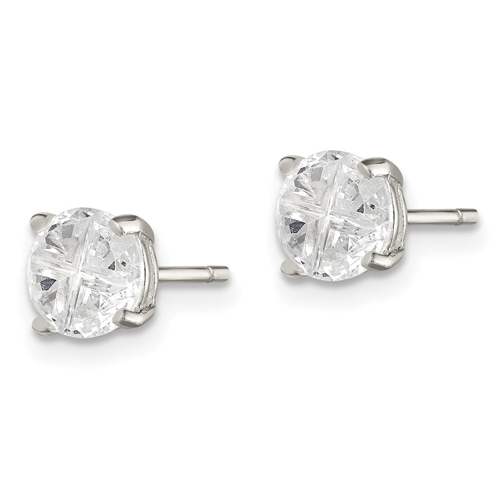 QE7482 Sterling Silver 6mm Round Basket Set Cross-cut CZ Stud Earrings