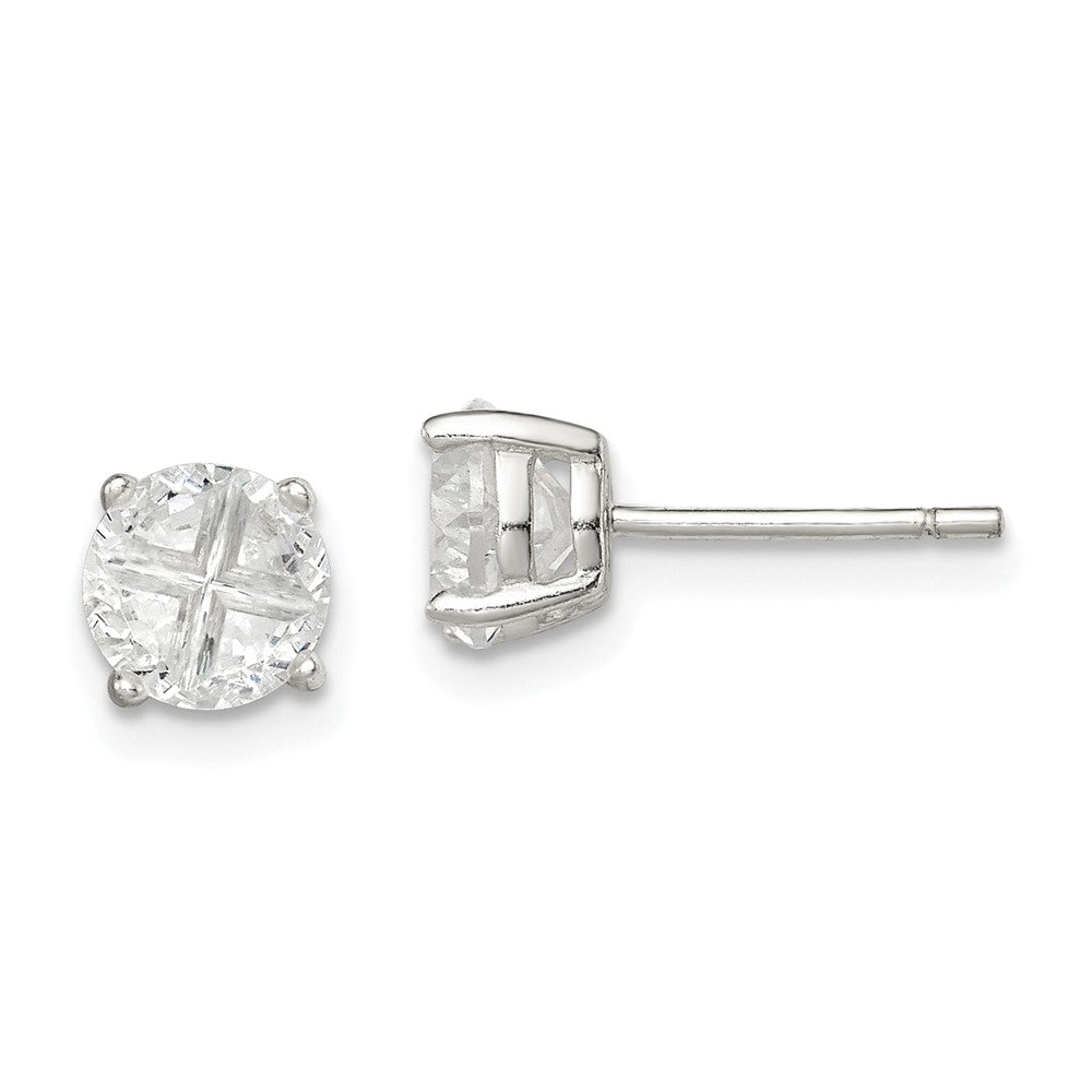 QE7482 Sterling Silver 6mm Round Basket Set Cross-cut CZ Stud Earrings
