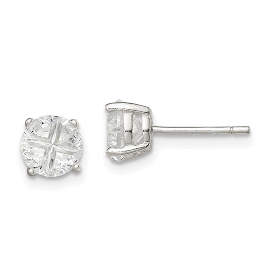QE7482 Sterling Silver 6mm Round Basket Set Cross-cut CZ Stud Earrings