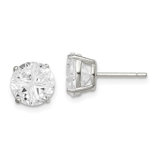 QE7484 Sterling Silver 8mm Round Basket Set Cross-cut CZ Stud Earrings