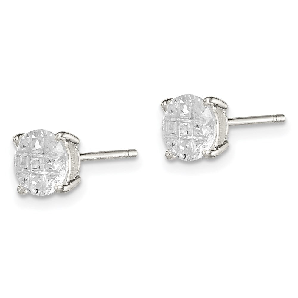 QE7494 Sterling Silver 6mm Round Basket Set Laser-cut CZ Stud Earrings