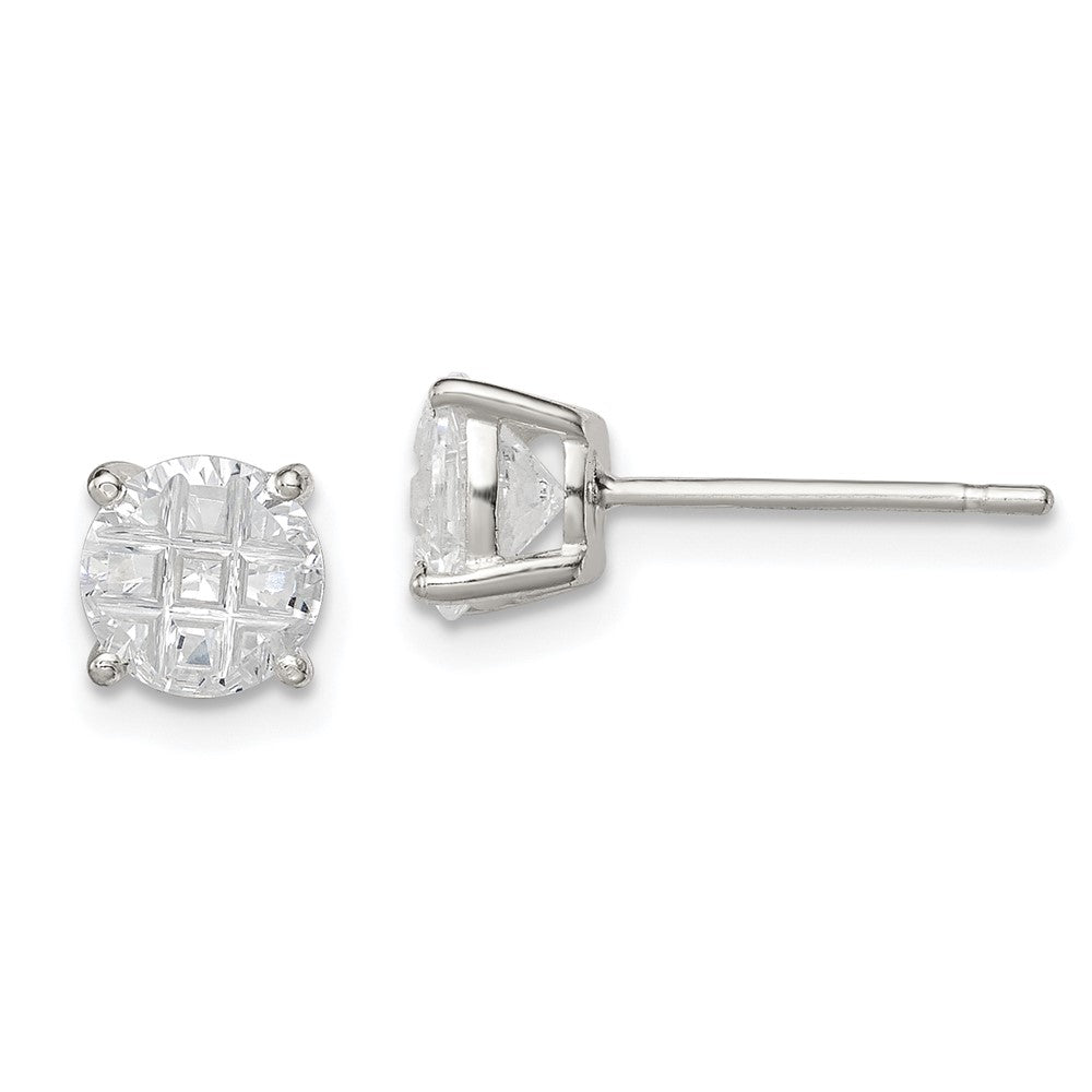 QE7494 Sterling Silver 6mm Round Basket Set Laser-cut CZ Stud Earrings