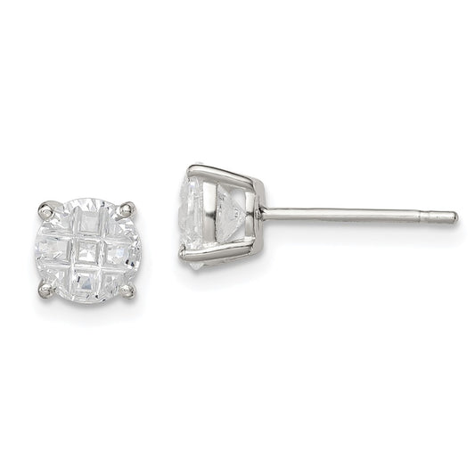 QE7494 Sterling Silver 6mm Round Basket Set Laser-cut CZ Stud Earrings