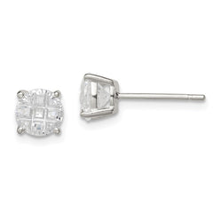 QE7494 Sterling Silver 6mm Round Basket Set Laser-cut CZ Stud Earrings