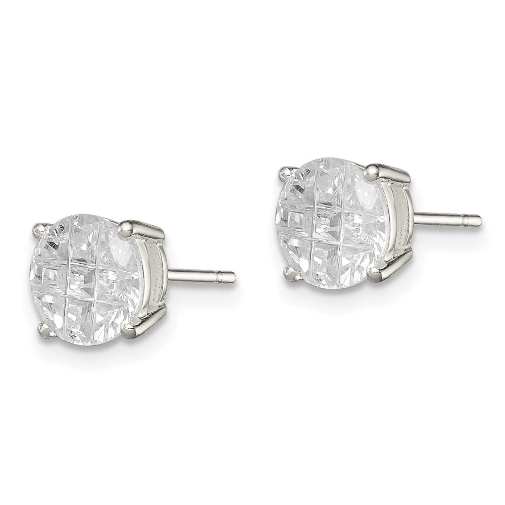 QE7495 Sterling Silver 7mm Round Basket Set Laser-cut CZ Stud Earrings