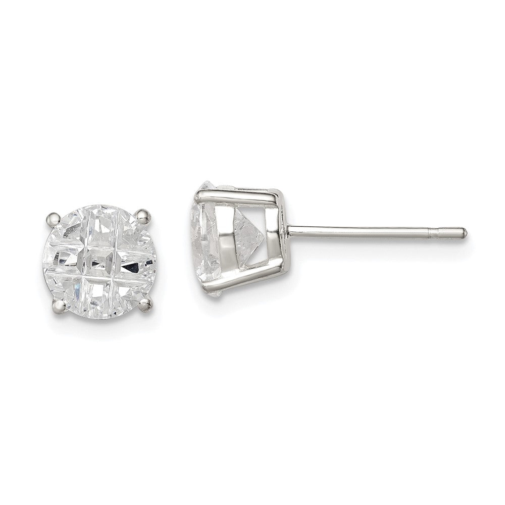 QE7495 Sterling Silver 7mm Round Basket Set Laser-cut CZ Stud Earrings