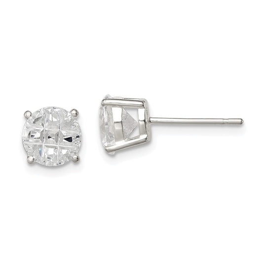 QE7495 Sterling Silver 7mm Round Basket Set Laser-cut CZ Stud Earrings