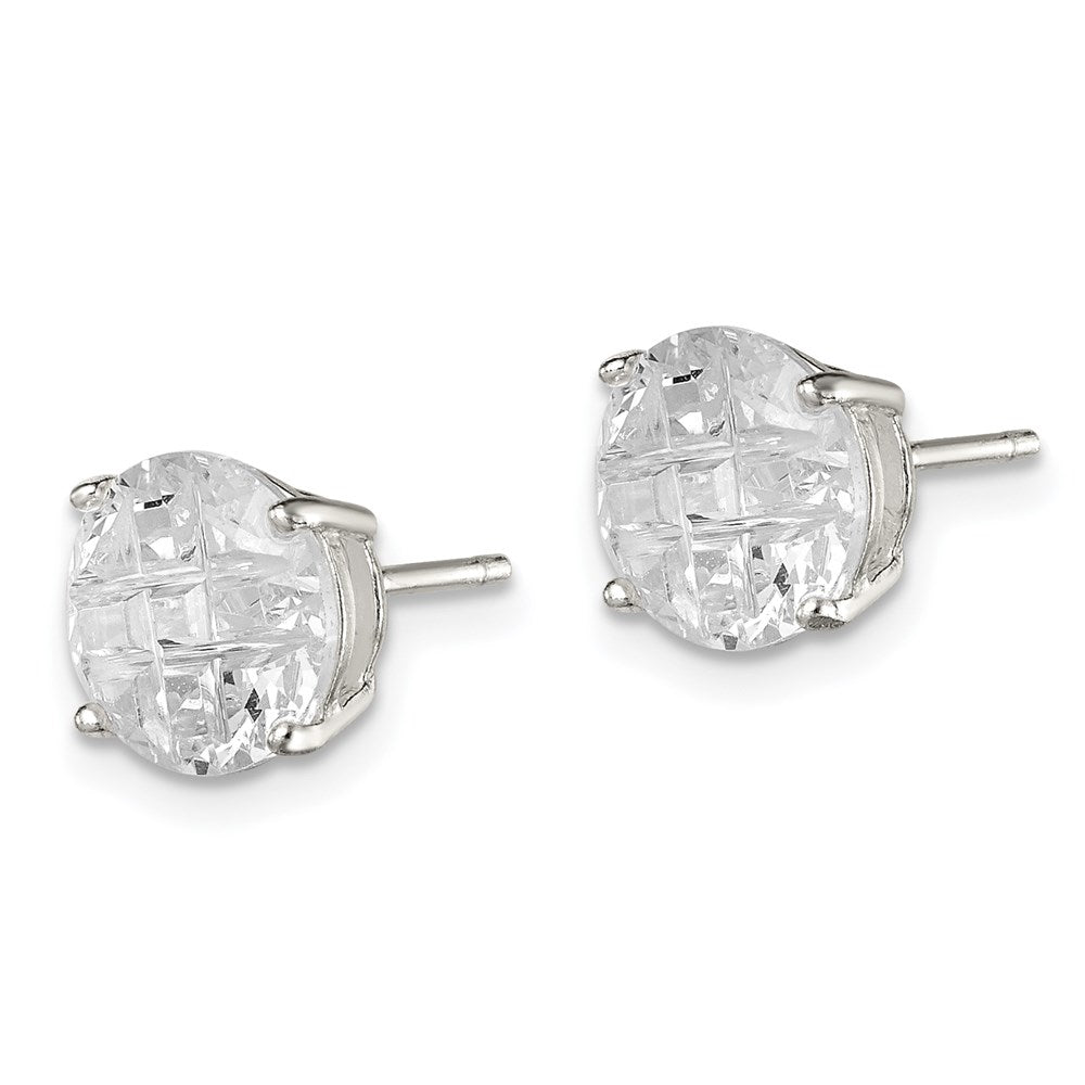 QE7496 Sterling Silver 8mm Round Basket Set Laser-cut CZ Stud Earrings