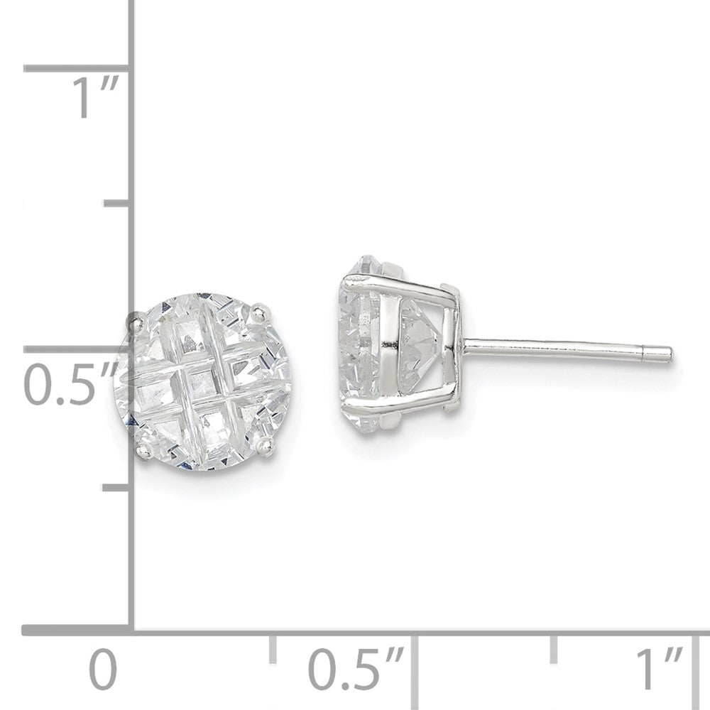 QE7496 Sterling Silver 8mm Round Basket Set Laser-cut CZ Stud Earrings