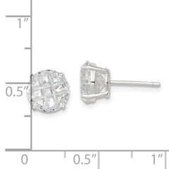 QE7496 Sterling Silver 8mm Round Basket Set Laser-cut CZ Stud Earrings