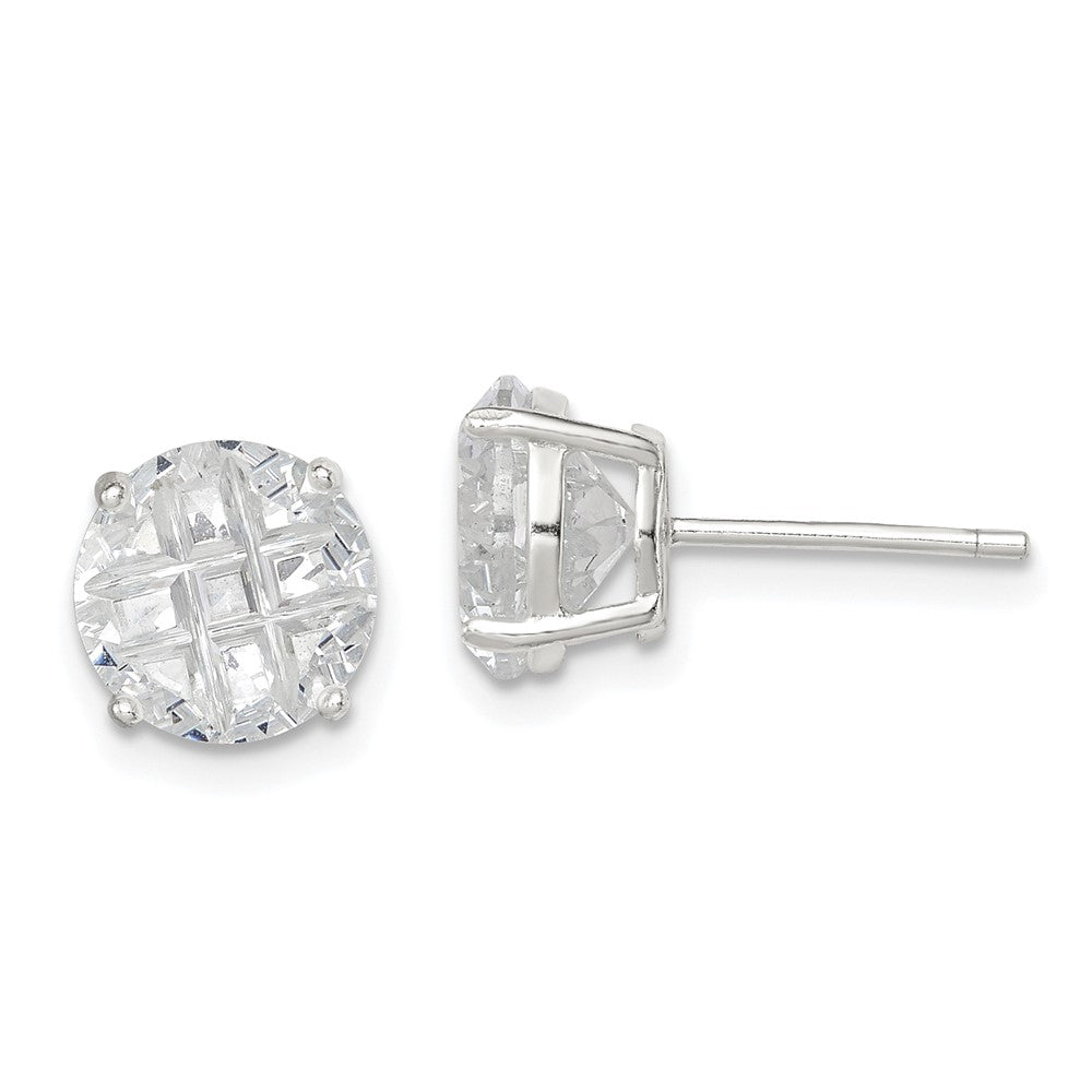 QE7496 Sterling Silver 8mm Round Basket Set Laser-cut CZ Stud Earrings