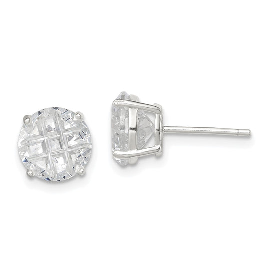 QE7496 Sterling Silver 8mm Round Basket Set Laser-cut CZ Stud Earrings