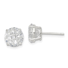 QE7496 Sterling Silver 8mm Round Basket Set Laser-cut CZ Stud Earrings