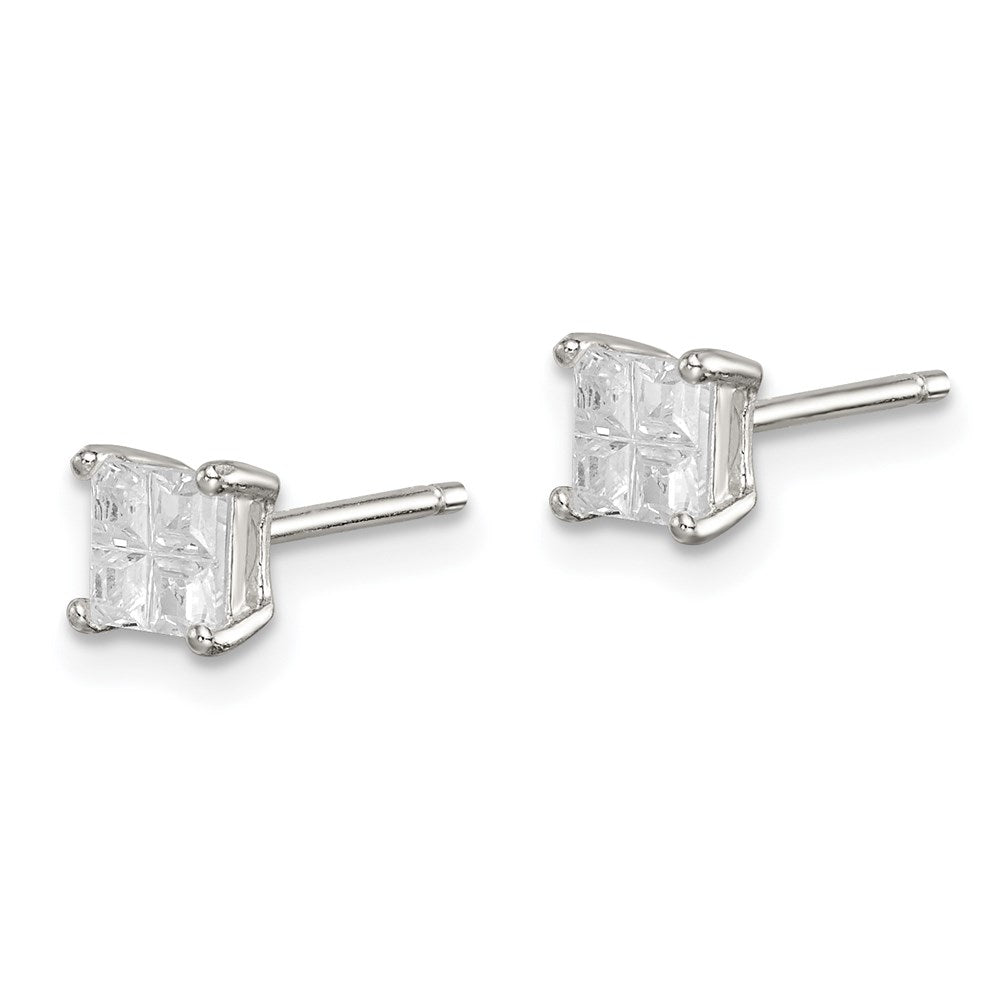 QE7517 Sterling Silver 4mm Square Cross-cut CZ Basket Set Stud Earrings