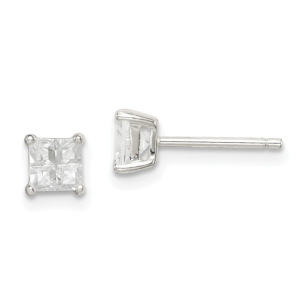 QE7517 Sterling Silver 4mm Square Cross-cut CZ Basket Set Stud Earrings