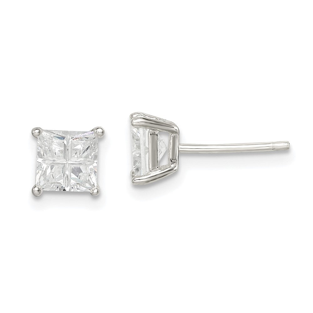 QE7518 Sterling Silver 5mm Square Cross-cut CZ Basket Set Stud Earrings