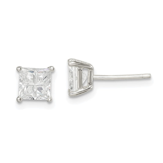 QE7518 Sterling Silver 5mm Square Cross-cut CZ Basket Set Stud Earrings