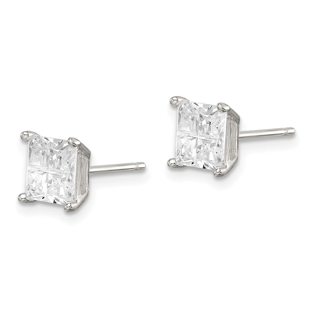 QE7519 Sterling Silver 6mm Square Cross-cut CZ Basket Set Stud Earrings