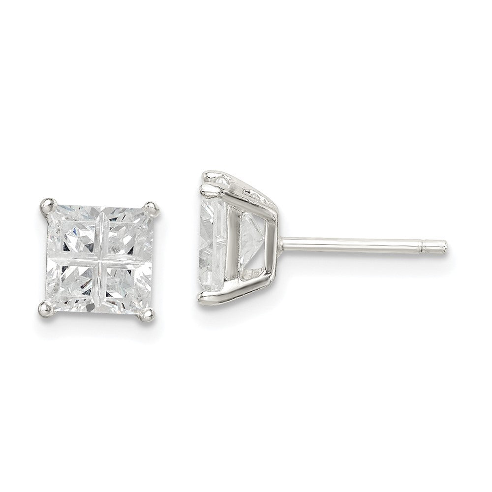 QE7519 Sterling Silver 6mm Square Cross-cut CZ Basket Set Stud Earrings