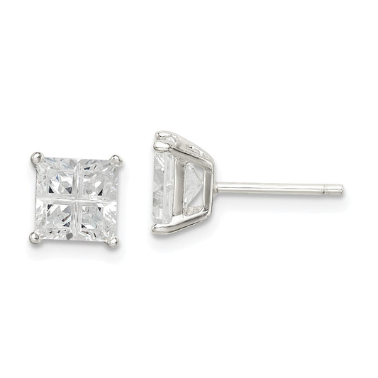 QE7519 Sterling Silver 6mm Square Cross-cut CZ Basket Set Stud Earrings