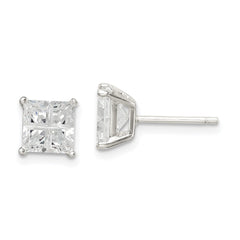 QE7519 Sterling Silver 6mm Square Cross-cut CZ Basket Set Stud Earrings