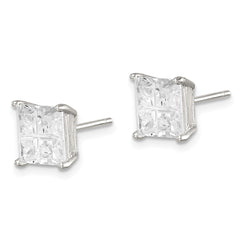 QE7520 Sterling Silver 7mm Square Cross-cut CZ Basket Set Stud Earrings