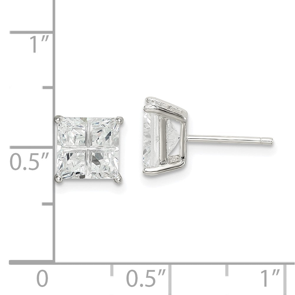 QE7520 Sterling Silver 7mm Square Cross-cut CZ Basket Set Stud Earrings