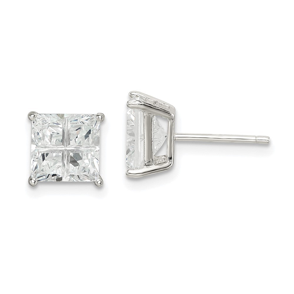 QE7520 Sterling Silver 7mm Square Cross-cut CZ Basket Set Stud Earrings